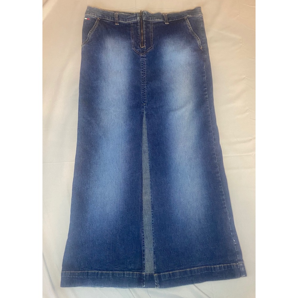 Tommy Jeans Maxi Skirt Women 11‎ Blue Denim Long Front Slit Vintage Y2K